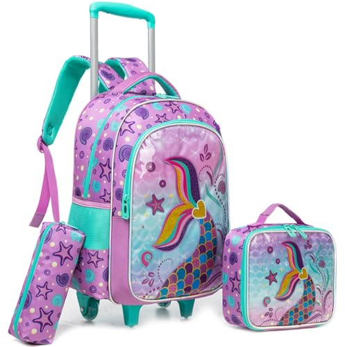 Egchescebo Mochilas Escolares con Ruedas Carro Niña 17 3PCS Mochila Carrito para Trolley Escolar Bolso de Viaje Estuche Stitch Mujer Maleta Colegio Grande Medianas Infantil Niñas Sirena Morado