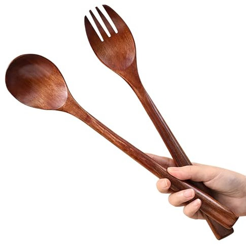 UPTALY 2 pcs Wooden Salad Servers (32 x 6.5 cm), Extra Long Handle Serving Spoon, Natural Phoebe Wood, Large Size Salad Tosser, Salad Spoon and Fork Set, for Mixing and Cooking (1 fork + 1 spoon)