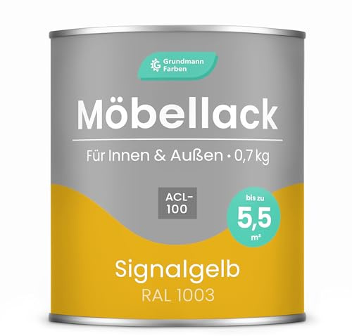 Grundmann Möbellack ACL 100 - Gelb 0,7 Kg - Lösemittelfrei & Geruchsarm - 4in1 Möbelfarbe inkl. Grundierung - Innen und Außen - Für Holz, Metall & Kunststoff - Signalgelb RAL 1003
