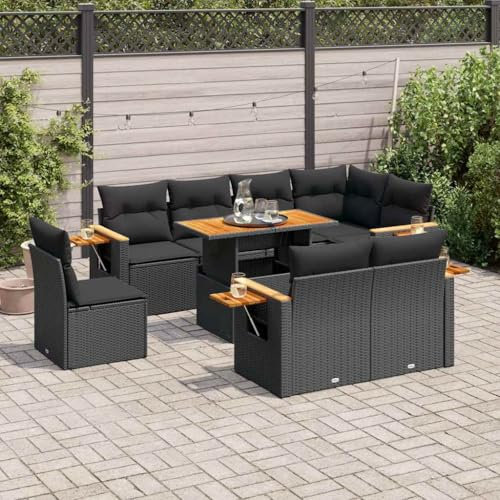 Homgoday 9-TLG. Garten-Sofagarnitur mit Kissen Schwarz Poly Rattan Gartensofa Set Terrassensofa Gartenlounge Loungemöbel Balkonmöbel Gartenmöbel Sitzgruppe Modular Design