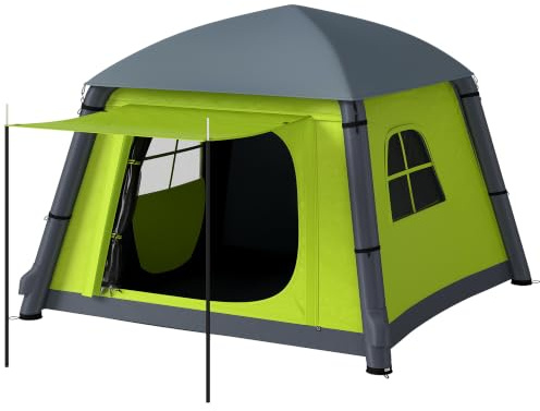 Outsunny Inflatable Camping Tent w/Hand Pump Easy Setup Brown | 1/2 Person Blow Up Tent, Waterproof 190T Taffeta, Mesh Windows, Doors, Carry Bag