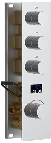 KAITAIHD Brass Concealed Shower Mixer Valve with Digital Temperature Display Function, Can Use All Options at A Time, Chrome, 3 Way