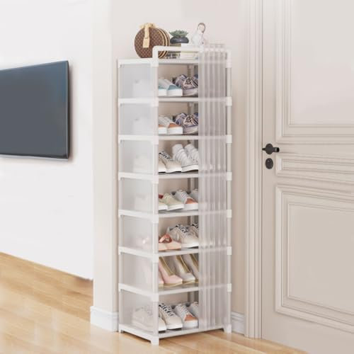 JNEYVIC Zapatero de 8 Niveles 124x42x30cm Zapatero Vertical Estrecho y Alto Blanco Zapater Metalico Zapatera de Almacenamiento Estantería de Zapatos Organizador Zapatos Vertical para Entrada Armario