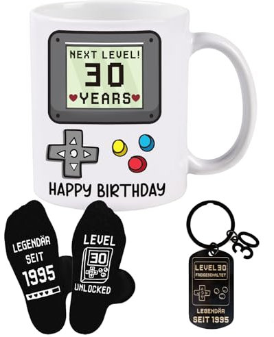 TUZELIYA 2025 Original 30. Geburtstag Männer, 3 Stück Inklusive Tasse, Schlüsselanhänger und Socken, Lustige Coole 30 Geschenk Papa Geburtstag, für Spielefans Gamer Vater Bruder Frauen