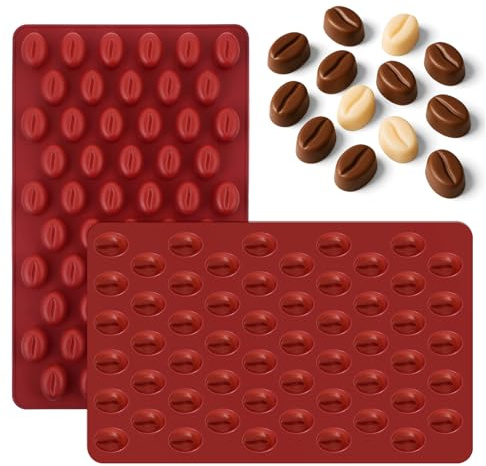 2er Set 55-Kammer-Kaffeebohnen-Silikonformen, 55-Kammer-Mini-Kaffeebohnen-Schokoladen-Zuckerbonbonform, Kaffeebohnenförmige Bonbonform für Kuchendekoration Backform, Rot