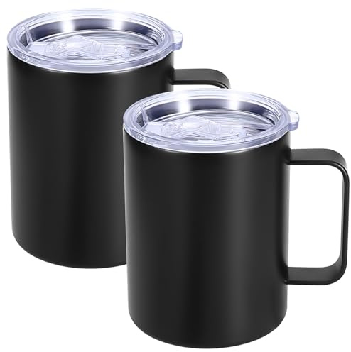 2er Set Edelstahl Thermobecher 350ml: Doppelwandige isolierte Kaffeetassen mit Henkel, Kaffeebecher BPA-frei, Bruchsicher, Campingbecher Tassen Set für Camping, Outdoor, Büro & Reisen (Schwarz)