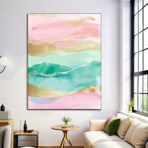 GDJSMIN Art Mural Rose Pâle Avec Rayures Dorées En Toile, Tableau Decoration Murale Rose Clair, Affiche Decoration Murale Aquarelle Abstraite Pour Chambre Salon 80L X 60L Cm Sans Cadre