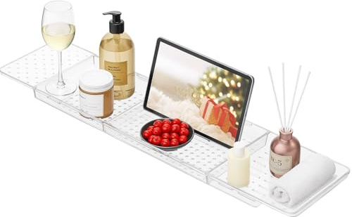 Thrink Expandable Bath Caddy Tray – Clear Acrylic Bathtub Shelf Rack for Wine, Books, Tablet & Spa Accessories – Adjustable Bath Board Fits Most Tubs – Luxury Home Spa Gift for Loved Ones