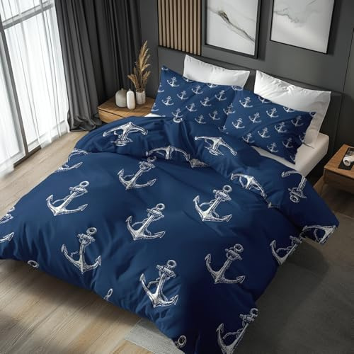 Generisch Bettwäsche 155x220 Maritim Ankers, Weiche Bügelfreie Mikrofaser Bettbezug Set 2tlg, Marineblau Nautisch Muster Schlafzimmer Deko, 1 Kissenbezug 80x80, mit Reißverschluss GAV14