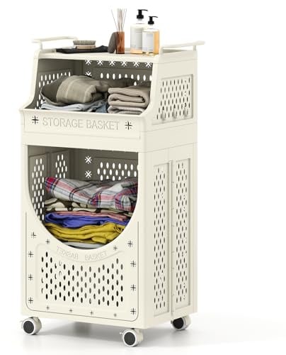 COSTWAY Panier à Linge Pliable avec Roues Verrouillables, Bac Linge Sale Plastique 2 Niveaux, 61L, 6 Crochets, pour Buanderie, Salle de Bain, Chambre (21L+40L,Basic)