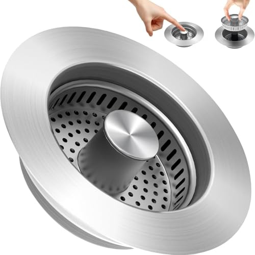 3 in 1 Kitchen Sink Drain Strainer, Stainless Steel Sink Strainer Removable Basket and Stopper Combo, Kitchen Sink Drain Filter Plug for 75-86mm Holes, Sinks Depth > 40mm (1pc)