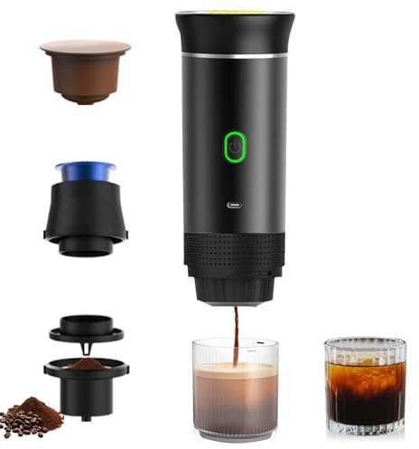 NICEWAT 12V Akku Kaffeemaschine, 3 in 1 Tragbare Mobile Espressomaschine | LED-Anzeigebildschirm, Mini Reise Kaffeemaschine, Kompatibel mit kapsel und gemahlener Kaffee, für camping wohnmobil gadget