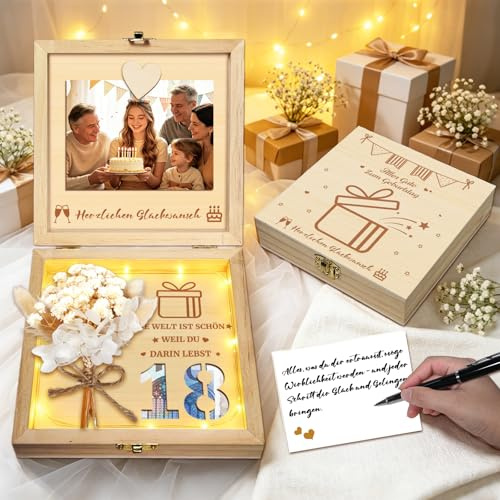 18. Geburtstag Mädchen Geschenk, Geldgeschenk 18. Geburtstag Holz Geschenkbox mit Lichterkette und Kunstblumen, Persönliche und liebevolle Überraschung zur Volljährigkeit für Jungen und Mädchen