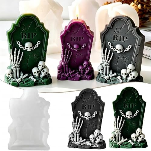 Halloween-Skelett-Grabstein-Kerzenform, Gothic-Silikonformen für Kerzen, Seife, Harz, Gips, Zement, Handwerk, Halloween-Schlange und Fledermaus, Harzform (Rip Grabstein)