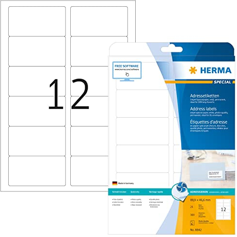 HERMA 8842 Adressetiketten für Inkjet Drucker, 25 Blatt, 88,9 x 46,6 mm, 12 pro A4 Bogen, 300 Stück, selbstklebend, bedruckbar, matt, blanko Adressaufkleber Etiketten für Tintenstrahldrucker, weiß