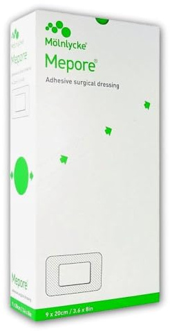 Mepore 671100 Klebende Wundauflage, Vliesstoff, halbdurchlässige Rückseite, steril, 9 x 20 cm, 30 Stück