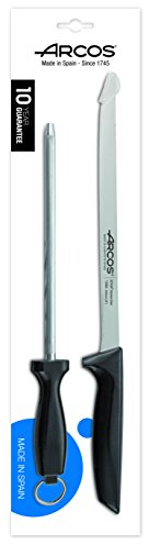 Arcos Serie Niza - Set Jamoneri - Cuchillo Jamonero + Chaira - Hoja de Acero Inoxidable NITRUM de 240 mm - Mangos fabricados en Polipropileno (PP) Color Negro