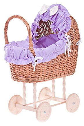 e-wicker24 Alles aus Weide Puppenwagen aus Weide mit Bettwäsche perfekte Geschenkidee Korbpuppenwagen schöner Spielzeug aus Korbgeflecht Korbwagen für Puppen Spielzeug für Mädchen (Viollet)
