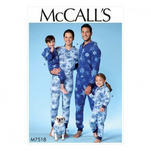 McCall 's Familie einfach Schnittmuster 7518 Kapuzen Einteiler & Hundemantel mit Kängurutasche