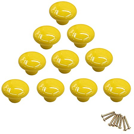 NUODWELL 10Pcs Round Colorful Ceramic Cabinet Knobs Single Hole Pull Handle for Drawer,Cupboard,Dresser,Door (Yellow)