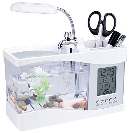 Aquarium Fish Tank Multifunctional USB Rechargeable Small Swimming Fish Bowl with Clock Function LED Light Pen Container(White)