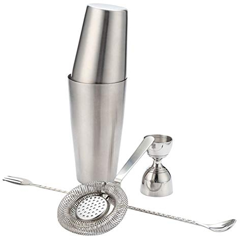 AOHMG Shaker Cocktail en Acier Inoxydable Set 4 Pièces, Set à Cocktail, RéServoirs à Shaker, Verre Doseur, CuillèRe à MéLanger, Passoire à Cocktail,Silver