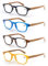 MODFANS Confezione da 4 occhiali da lettura 1.5 per uomo/donna, Cerniera a molla,leggera,effetto legno, lente trasparente con custodia,nero-blu-marrone-giallo