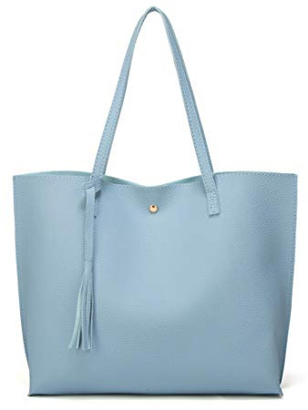 Dreubea Damen-Schultertasche aus weichem Kunstleder mit großen Quasten und großer Kapazität, Blau (pastellblau), Medium