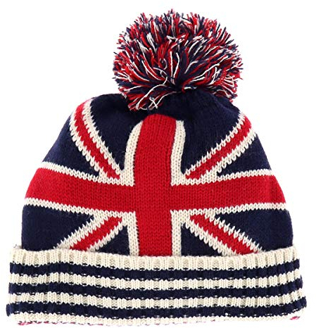 SHIPITNOW Union Jack Flagge Mütze mit Pompon - Dicke und Warme StrickMütze - Winter Englische Flagge Mütze für Damen oder Herren (Marineblau)