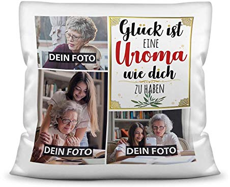PR Print Royal Kissen mit Füllung - Fotocollage selbst gestalten mit Spruch für Uroma - GLÜCK - mit DREI eigenen Fotos - Geschenkidee Fotokissen - Kissen Polyester - Weiß