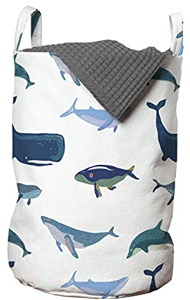 ABAKUHAUS Wal Wäschesack, Schwimmen Meerestiere, Wäschekorb mit Griffen Kordelzugverschluss für Waschsalons, 33 cm breit x 49 cm hoch, Teal Dunkelblau Weiß