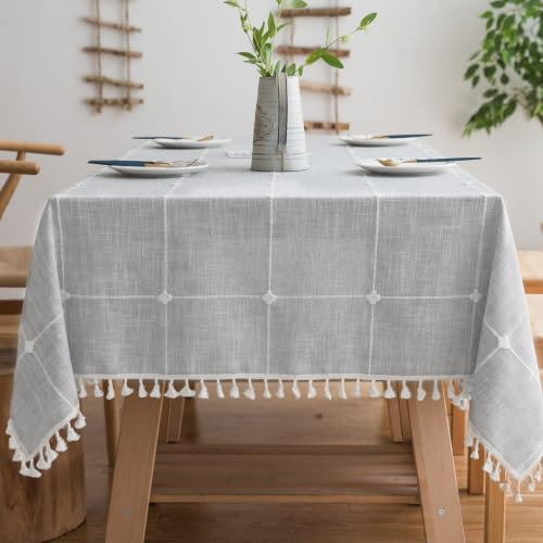 Pahajim Tischdecke Abwaschbar Baumwolle Leinen Tischdecken Klein mit Quasten Tischtuch Vintage Einfache Kariert für Home Küche Speisetisch Dekoration(Grau Gitter, 100 x 160 cm)