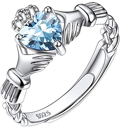 Suplight Damen Ring 925 Sterling Silber Verstellbarer Solitärring mit Geburtsstein März Mondsteinringe Synthetischer Aquamarin Zirkonia Ring Geschenk für Mädchen Frauen