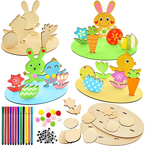 Osterhase Holz Bemalen,6 Stück,Hasen und Küken aus Holz zum Bemalen,3D Osterhase Bastelset,Hasen aus Holz zum Bemalen,DIY Osterhase Deko,Ostern Zum Holzhase Deko,Bastelidee zu Ostern