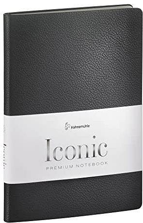 Hahnemühle Iconic Notebook schwarz | DIN A5 | 96 Blatt/192 Seiten | Luxuriöses Notizbuch mit Wasserzeichen-Papier und Echtleder-Einband