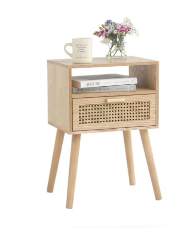MaxSmeo Table de chevet moderne en rotin avec rangement, pour salon, chambre à coucher et petits espaces, table de chevet d'appoint de ferme, avec pieds en bois massif, montage facile (noyer naturel)
