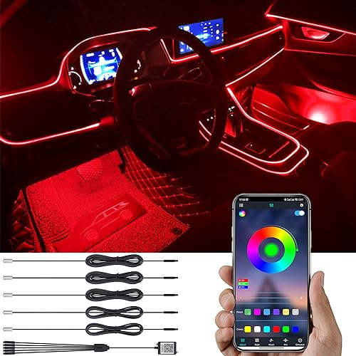 TABEN Auto Atmosphärenlicht Kit Musiksynchronisation Mehrfarbig RGB 16 Millionen Farben 6 Meter Glasfaser USB Ambientebeleuchtung Kit, Sound-Active-Funktion und drahtlose Bluetooth-App-Steuerung 12 V