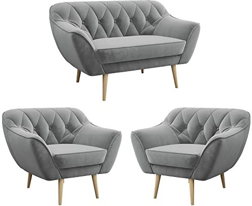 MKS MEBLE Sofa Grau - Moderne Sofa Set 2+1+1 - Skandinavische Deko Polstersofa - Pirs Loungesofa und Zwei Sessels - Vier Personen Grau