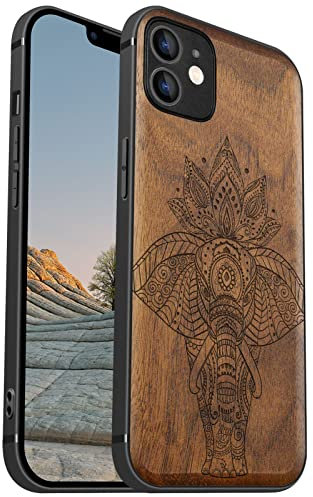 Carveit Magnetisch Hülle für iPhone 12 [Elegante Nussbaum] [Weich TPU Stoßstange] Stoßfeste Handyhülle Kompatibel MagSafe mit 12 Hülle Holz （Afrikanischer Stammes-Elefant）