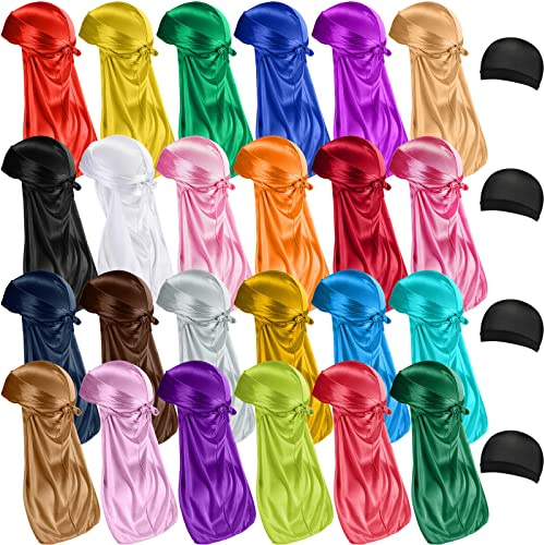 28-teiliges seidiges Durags-Set enthält 24 Satin-Durag-Kopfbandagen für Damen und Herren mit langem Schwanz und 4 elastischen Wellenkappen