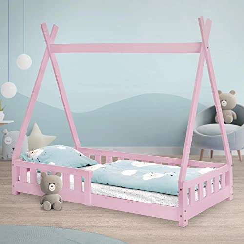 ML-Design Lettino per Bambini Design Teepee con Sponde Protezione Anticaduta Recinzione Rete a Doghe 80 x 160 cm Letto Tenda Indiana da Gioco in Legno di Pino Massiccio Rosa per Cameretta Casa