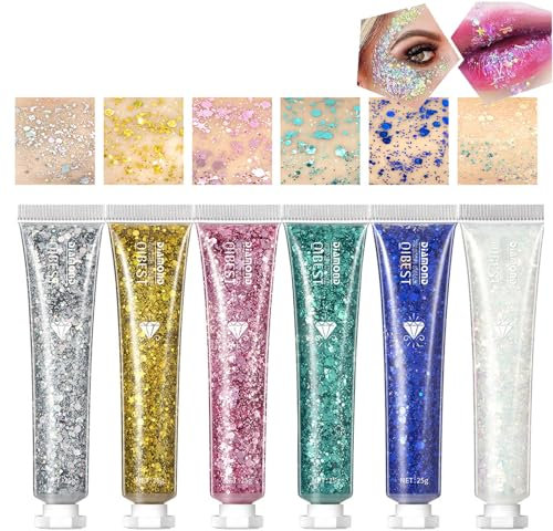 Holzsammlung 6 Color Body Glitter, Face Glitter Gel, Mermaid Sequins Liquid Holographic Glitter Gel,Chunky Glitter Eye Lip Hair Nail Festival Accessories,Cosmetic Glitter Makeup(A)