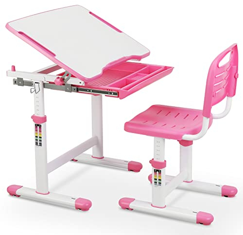MAMIZO Kinderschreibtisch Stuhl Höhenverstellbar, Kindertisch Stuhl Set mit neigbarer Tischplatte,Schreibtisch Kinder Mädchen & Jungs, Jugendschreibtisch mit Schublade (Rosa)
