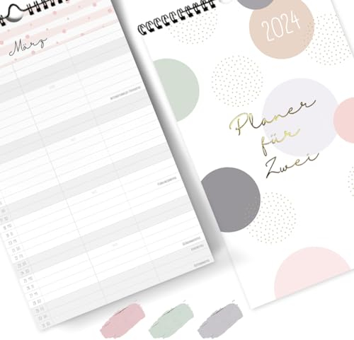 Grätz Verlag Wandkalender 2024 für Zwei [Blattgold] I 20 x 32 cm Partnerkalender als Monatskalender mit 3 Spalten Paarplaner zum Aufhängen Extraseiten Jahresüberblick und die Urlaubsplanung