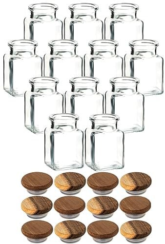 gouveo Lot de 12 bocaux à épices carrés avec couvercle en bois d'acacia - 150 ml - Petits pots en liège avec bouchon en bois - Bocaux vides pour herbes, épices - Petite boîte en verre pour le bureau
