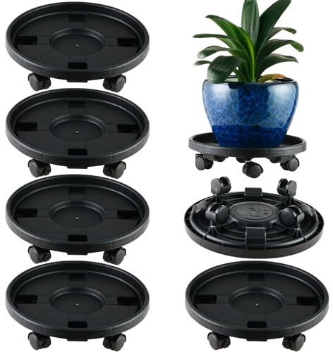 Lot de 5 grands bacs à plantes à roulettes de 33 cm en plastique robuste avec base à roulettes, soucoupe sur roulettes pour intérieur et extérieur