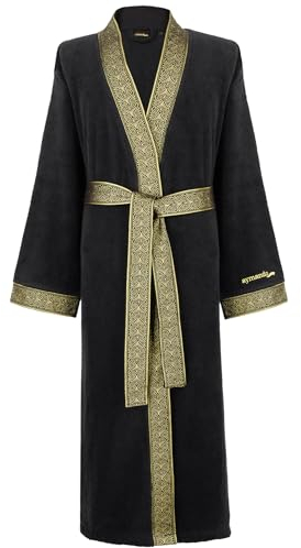 Bademantel Kimono aus 100% Frottee Baumwolle | Aymando Luxus Morgenmantel mit gestickten Ornamenten in Gold, Bindegürtel, Geschenkverpackung | Für Damen und Herren, Größe XL, Schwarz