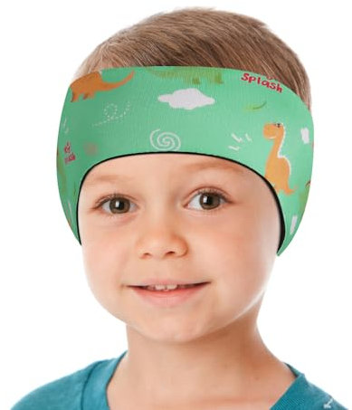 HeySplash Swimming Headband, Swimming Earplugs Kids Ear Plugs Ear Band Swimmer Ear Protection, Neoprene Ear Guard for Kids Adults, Keep Water Out & Hold Earplugs in, M, Light Green Dinosaur