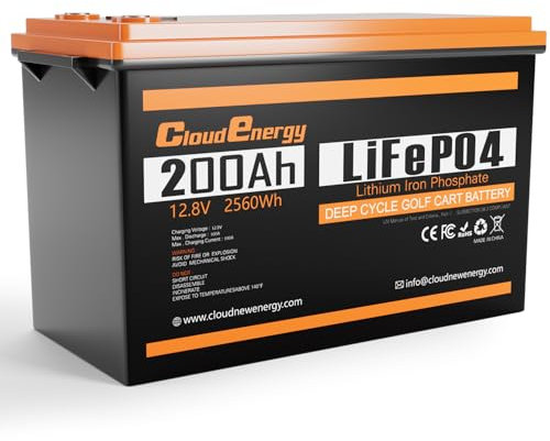 Batteria al litio Cloudenergy 12V LiFePO4 200Ah con durata di oltre 10 anni, oltre 6000 cicli, potenza 2560Wh. IP65, ideale per applicazioni marine, solari e RV.
