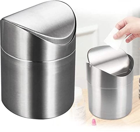 WSAMJIN Mini poubelle de bureau - En acier inoxydable - Avec couvercle - Pour lavabo de bureau - Diamètre : 12 cm - Hauteur : 16 cm - Argenté